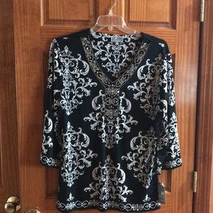 JM Collection XL blouse. Black, cream, tan. Luxe Baroque.